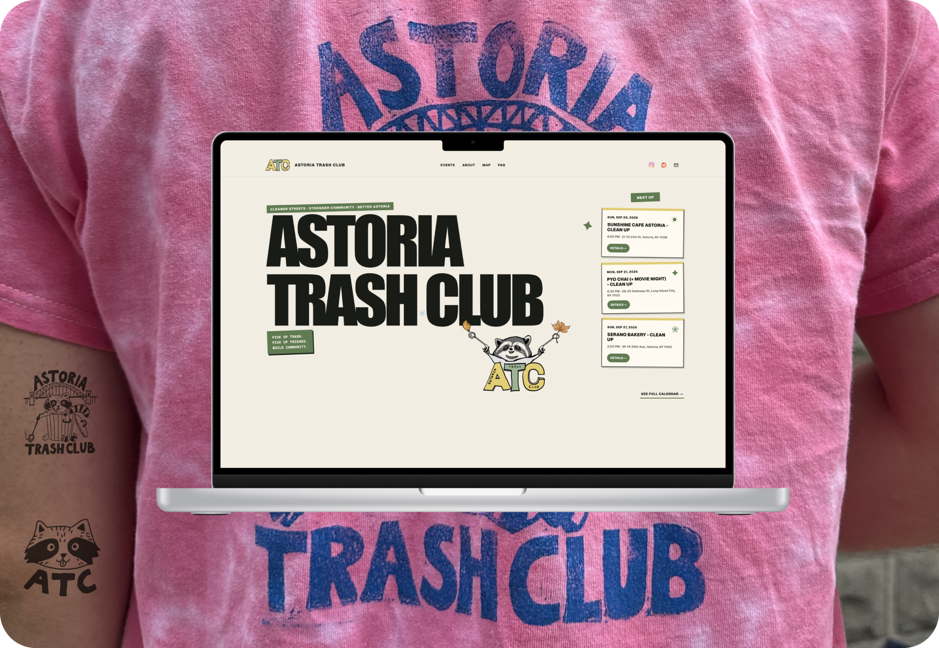 Astoria Trash Club redesigned website on a laptop with official logo and ATC stamp mark