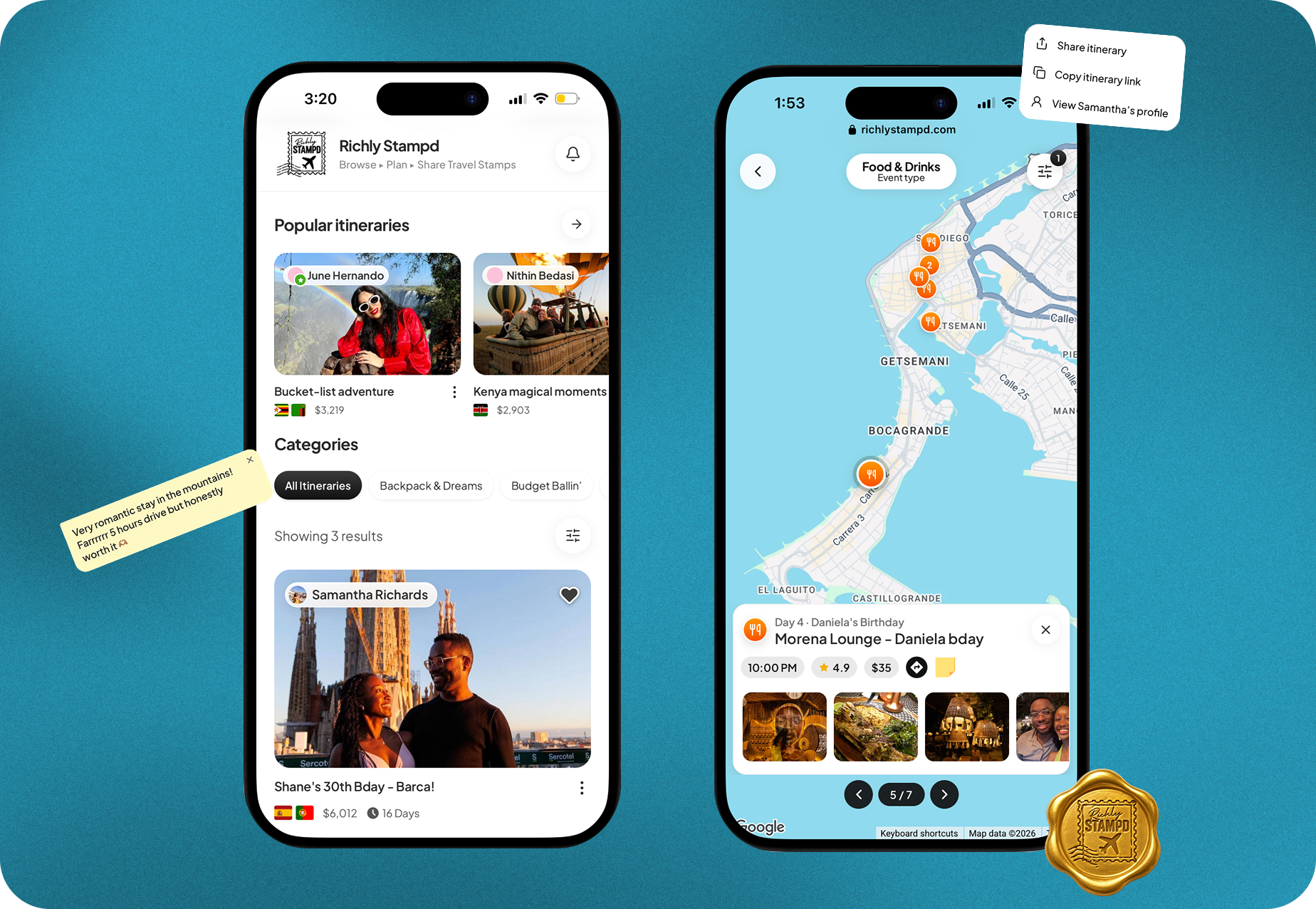Richly Stampd app screens showing itinerary browse and map views on a teal background
